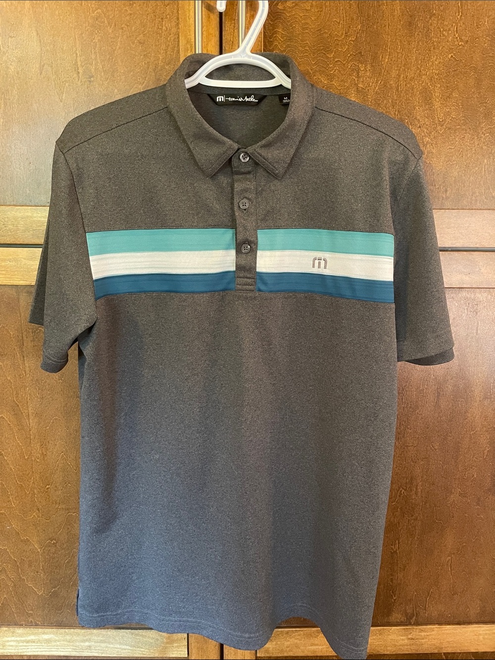 Travis Mathew Charcoal Polo with Teal, White & Navy Stripes